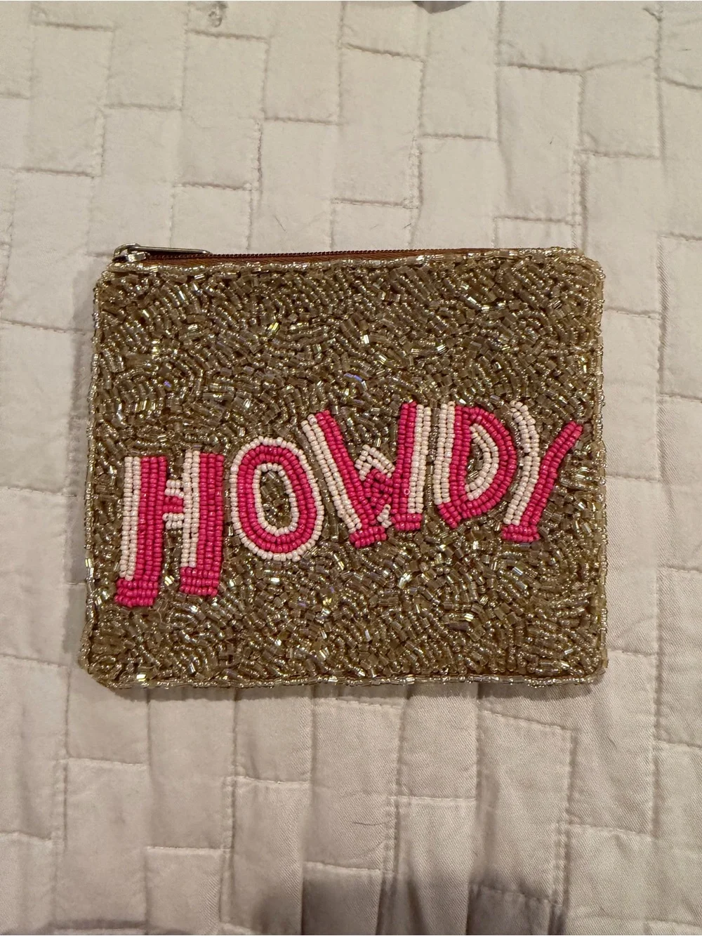 Beaded 'HOWDY' Zip Pouch - Gold with Pink Accents
